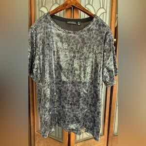 Susan Graver Occasions Printed
Sequin Short-Sleeve Top 
Color:Dark Smoke